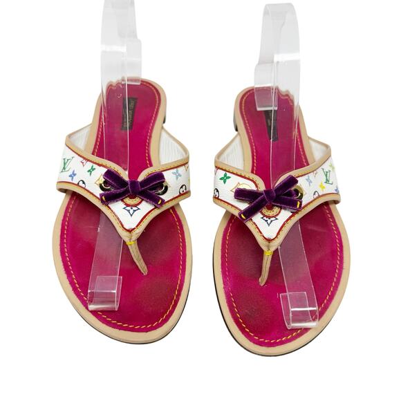 Louis Vuitton Murakami Multicolor Monogram Bow Sandals Pink Insole 38.5 - Picture 2 of 13